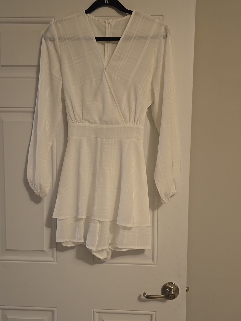 White Long-Sleeve V-Neck Tiered Romper